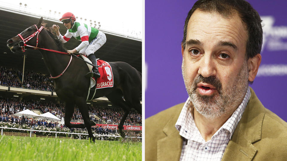 A 50-50 split image shows the winner of the 2019 Cox Plate, Lys Gracieux, on the left, and Victoria's Racing Minister Martin Pakula on the right.