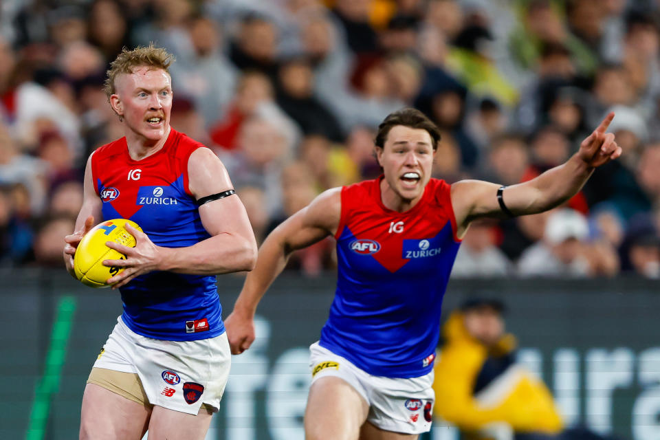 MELBOURNE, AUSTRALIA - SEPTEMBER 07: Clayton Oliver of the Demons in action during the 2023 AFL First Qualifying Final match between the Collingwood Magpies and the Melbourne Demons at Melbourne Cricket Ground on September 07, 2023 in Melbourne, Australia. (Photo by Dylan Burns/AFL Photos via Getty Images)