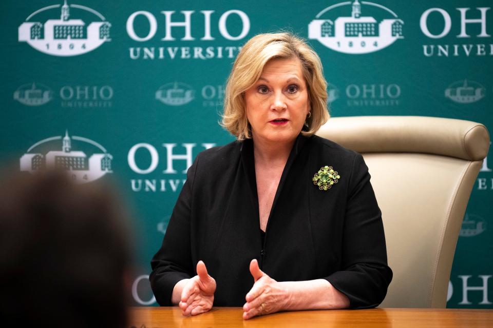 Lori Stewart Gonzalez, the newly announced president of Ohio University, speaks during a press conference at Walter Hall in March 2023.