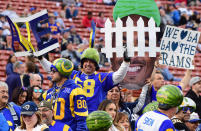 <p>Los Angeles Rams fans get ready for the NFC Wild Card Playoff game against the Atlanta Falcons at Los Angeles Coliseum on January 6, 2018 in Los Angeles, California. (Photo by Harry How/Getty Images) </p>