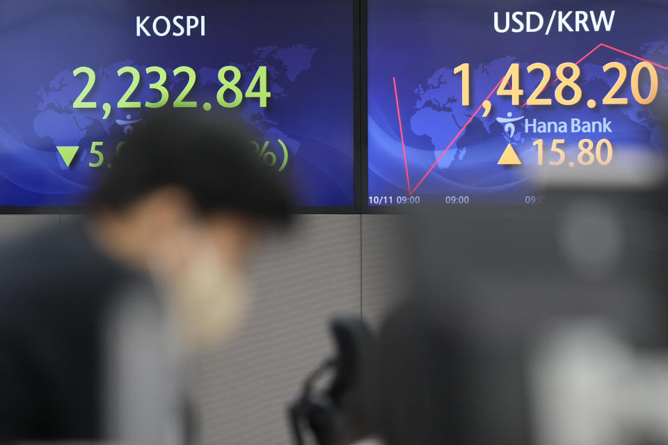 A currency trader works near the screens showing the Korea Composite Stock Price Index (KOSPI), left, and the foreign exchange rate between U.S. dollar and South Korean won at a foreign exchange dealing room in Seoul, South Korea, Tuesday, Oct. 11, 2022. Asian shares were mostly lower on Tuesday as losses in technology-related shares weighed on global benchmarks.(AP Photo/Lee Jin-man)
