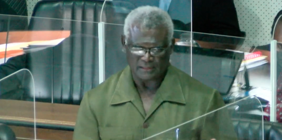 Manasseh Sogavare became enraged at times when discussing the behaviour of his nation's partners in the wake of the China deal. Source: National Parliament of Solomon Islands