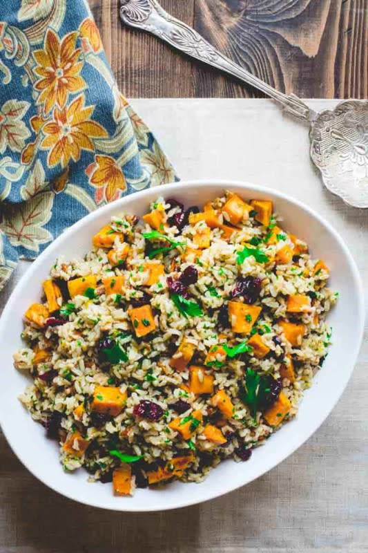 <p>Healthy Seasonal Recipes</p><p>This brown rice and sweet potato salad is a super yummy side dish that is simple enough for a weeknight meal and special enough for your holiday table.</p><p><strong>Get the recipe: <a href="https://www.healthyseasonalrecipes.com/brown-rice-and-sweet-potato-salad/" rel="nofollow noopener" target="_blank" data-ylk="slk:Brown Rice and Sweet Potato Salad;elm:context_link;itc:0;sec:content-canvas" class="link rapid-noclick-resp">Brown Rice and Sweet Potato Salad</a></strong></p>