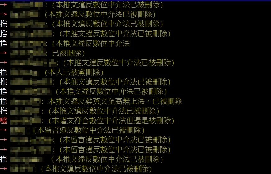 鄉民在其他則留言處以「本推文違反數位中介法已被刪除」痛酸該法。（圖／翻攝自PTT「八卦板」）