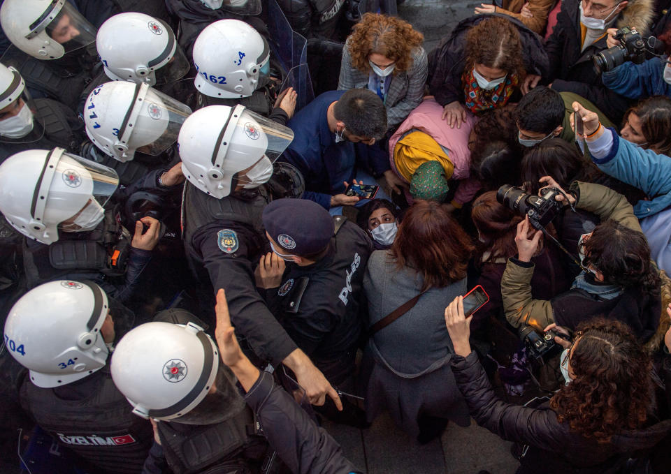 Turkish police officers detain people over protests in Istanbul against President Tayyip Erdogan's appointment of a new rector at Bogazici University on Feb. 4, 2021.<span class="copyright">Bulent Kilic—AFP/Getty Images</span>