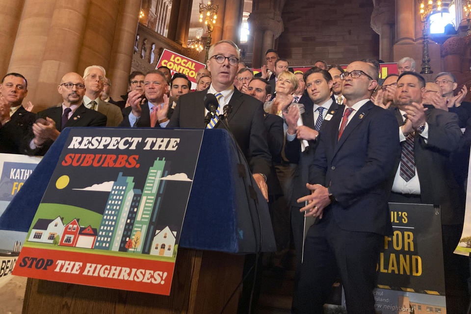 Hempstead Town Supervisor Don Clavin speaks at a rally against New York Gov. Kathy Hochul's proposal to create more housing, which has run into opposition in the suburbs, at the state Capitol, in Albany, NY, Monday, March 20, 2023 (AP Photo/Michael Hill)