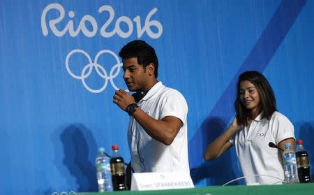 2016 Rio Olympics - Refugee Olympic Team News Conference - Rio de Janeiro, Brazil - 30/07/2016. Syria's Rami Anys and Yusra Mardini arrive for a news conference. REUTERS/Stoyan Nenov