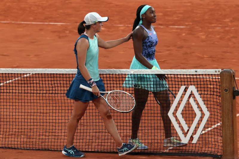 Poland's Iga Swiatek (L), who could face Coco Gauff in the 2023 U.S. Open quarterfinals, has a 7-1 record against the American. File Photo by Maya Vidon-White/UPI