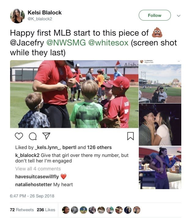 Kelsi Blalock posted an angry tweet just minutes before her fiancée Jace Fry was supposed to take the field for his first MLB start. (Twitter)