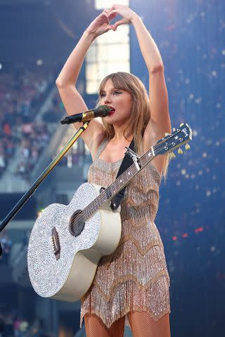 <p>Graham Denholm/TAS24/Getty</p> Taylor Swift performs at the Melbourne Cricket Ground on Feb. 16, 2024