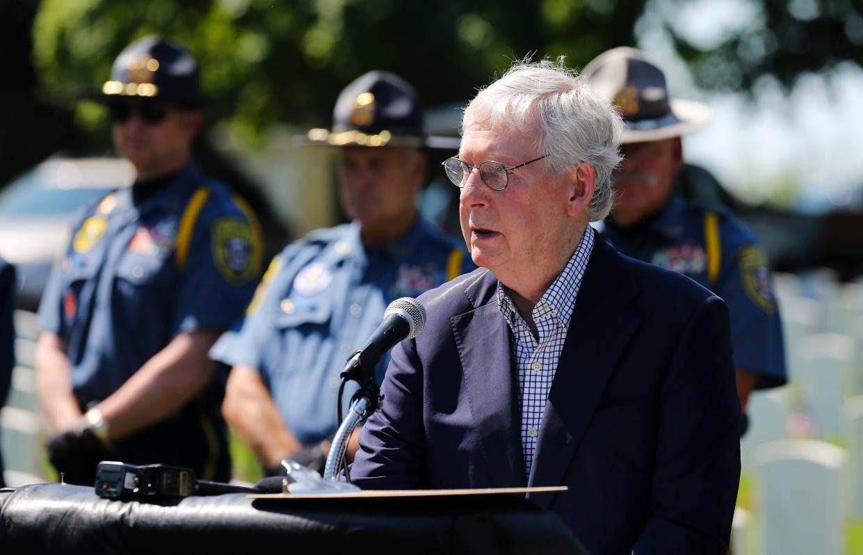 U.S. Sen. Mitch McConnell made remarks during the Memorial Day Service held at the Cave Hill National Cemetery in Louisville, Ky. on May 30, 2022.  