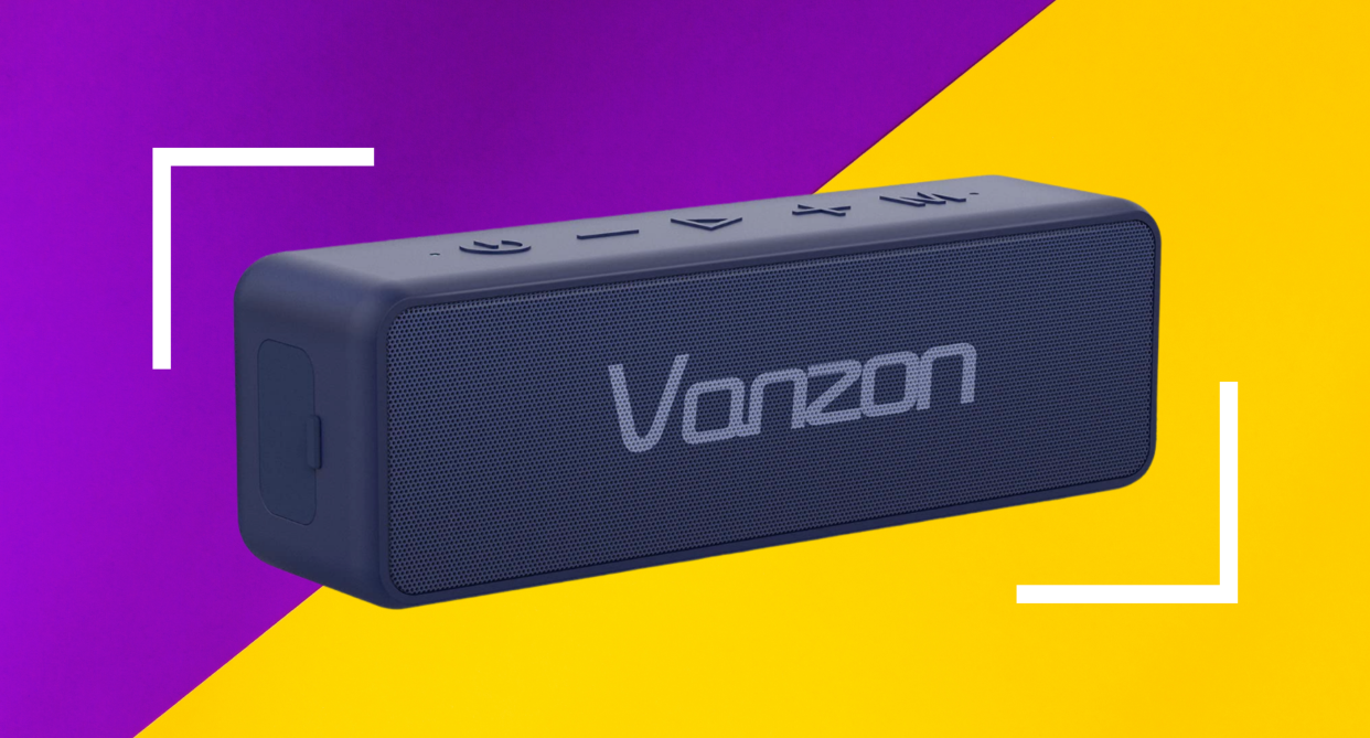 speaker, early amazon prime day deal vanzon navy blue speaker on purple and yellow background 