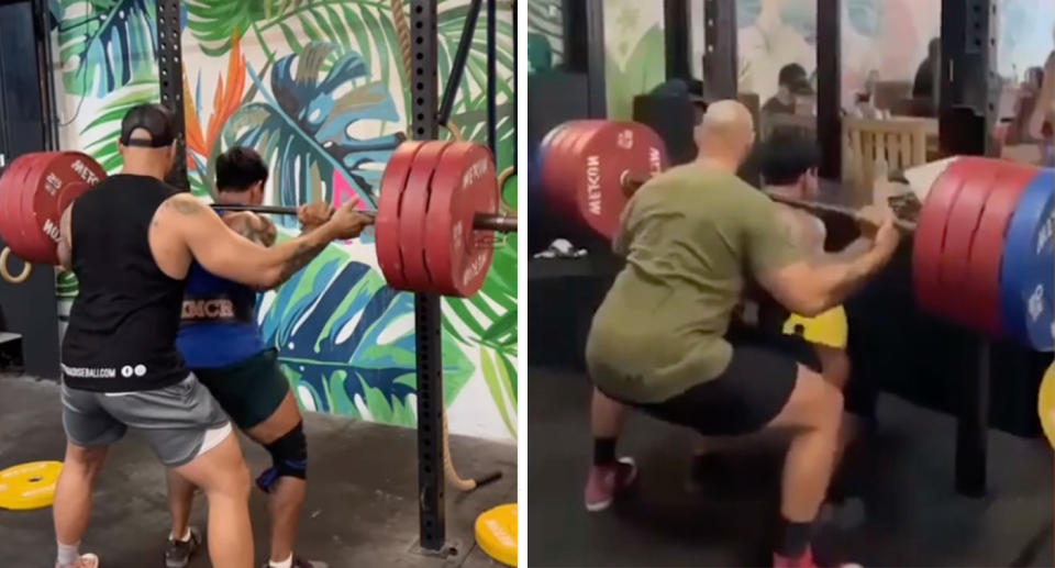 Two images of Mr Vicky performing the back squat can be seen on either side, with the same spotter behind him. 