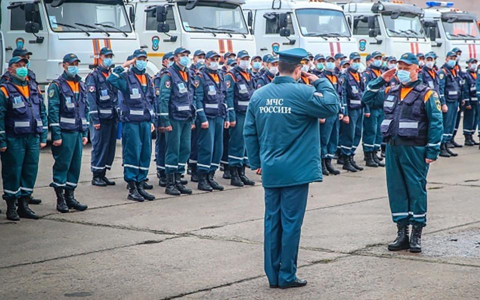 Troops and trucks of the Russian Emergency Situations Ministry are getting ready to depart for Dagestan to help the Covid-19 relief effort. - Russian Defence Ministry/Tass via Getty Images