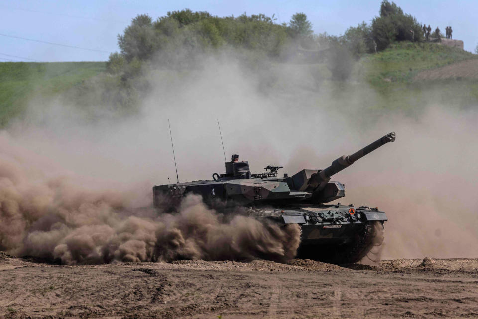 A Polish Leopard tank takes part in a military exercise in Nowogard, Poland, on May 19, 2022.  (Wojtek Radwanski / AFP - Getty Images file)