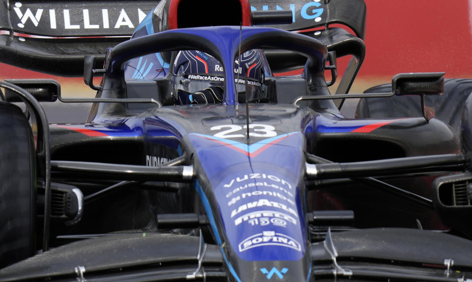 Willams driver Alexander Albon of Thailand steers his car during the third free practice session for the Hungarian Formula One Grand Prix at the Hungaroring racetrack in Mogyorod, near Budapest, Hungary, Saturday, July 30, 2022. The Hungarian Formula One Grand Prix will be held on Sunday. (AP Photo/Darko Bandic)