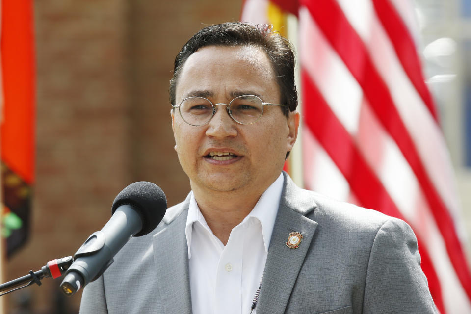 FILE - In this Aug. 22, 2019 file photo, Cherokee Nation Principal Chief Chuck Hoskin Jr., speaks during a news conference in Tahlequah, Okla. Oklahoma Gov. Kevin Stitt recommended three Native Americans and two Black Oklahomans as national heroes who should be considered for inclusion in a new National Garden of American Heroes. Cherokee Nation Principal Chief Chuck Hoskin Jr. said he was unaware but pleased that Stitt recommended two members of his tribe for consideration. (AP Photo/Sue Ogrocki, File)