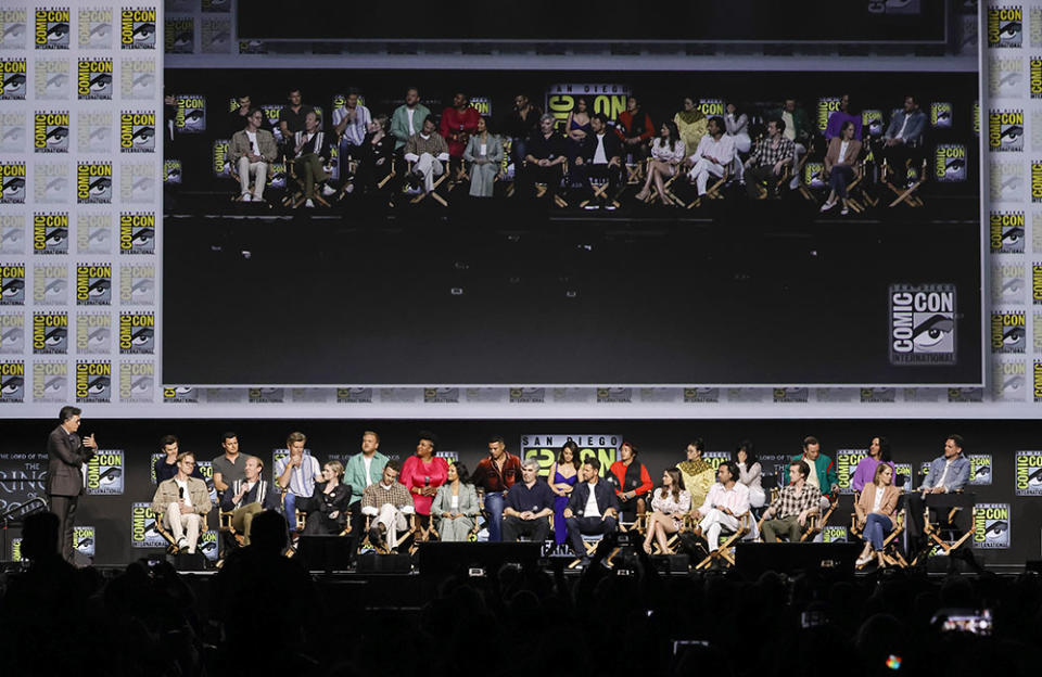 Cast and crew speak onstage at “The Lord of the Rings: The Rings of Power” panel - Credit: Kevin Winter/Getty Images