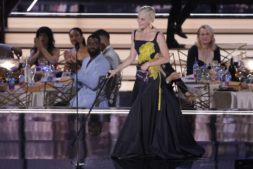 Selma Blair presents the Emmy for outstanding drama series at the 74th Primetime Emmy Awards on Monday, Sept. 12, 2022, at the Microsoft Theater in Los Angeles. (AP Photo/Mark Terrill)