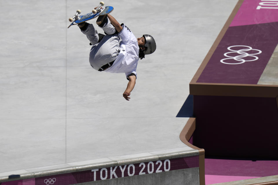 Ayumu Hirano of Japan competes in the men's park skateboarding prelims at the 2020 Summer Olympics, Thursday, Aug. 5, 2021, in Tokyo, Japan. (AP Photo/Ben Curtis)