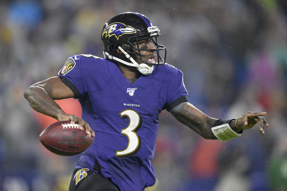 Baltimore Ravens quarterback Robert Griffin III looks to pass against the Pittsburgh Steelers during the first half of an NFL football game, Sunday, Dec. 29, 2019, in Baltimore. (AP Photo/Nick Wass)