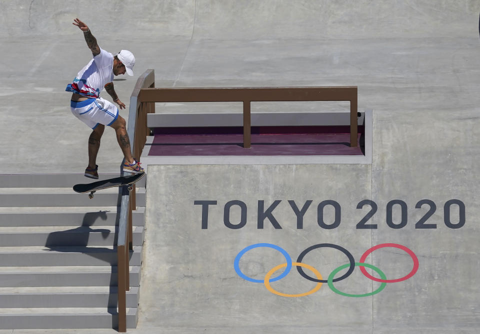 Aurelien Giraud, of France, competes in men's street skateboarding during the Tokyo Olympics in Tokyo on Sunday, July 25, 2021. (Nathan Denette/The Canadian Press via AP)