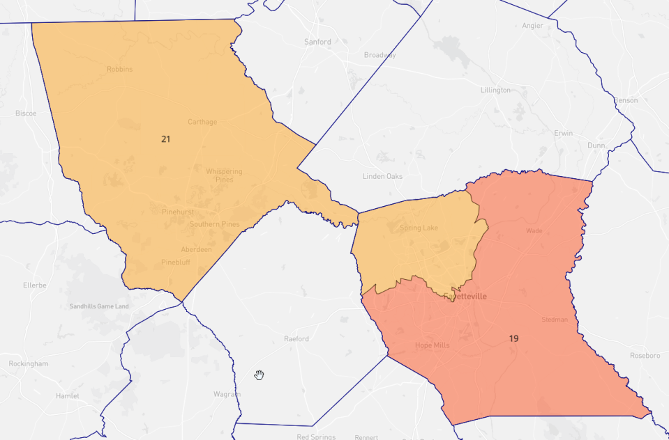 This map of North Carolina state Senate District 19 and Senate District 21 was used for Moore and Cumberland counties in the 2022 election.