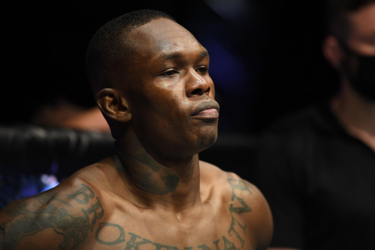 ABU DHABI, UNITED ARAB EMIRATES - SEPTEMBER 27:  Israel Adesanya of Nigeria stands in his corner prior to facing Paulo Costa of Brazil in their middleweight championship bout during UFC 253 inside Flash Forum on UFC Fight Island on September 27, 2020 in Abu Dhabi, United Arab Emirates. (Photo by Josh Hedges/Zuffa LLC)