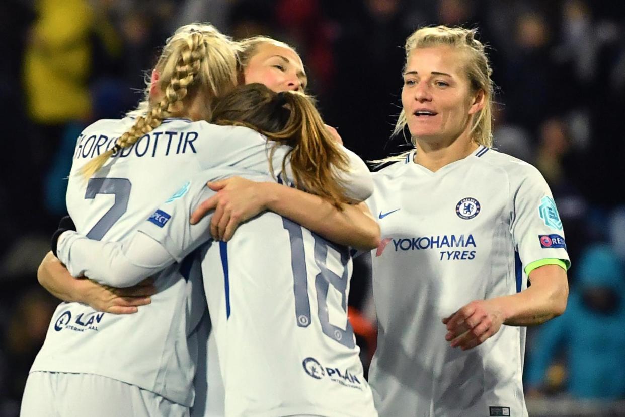 Chelsea's celebrate after winning their Women's Champions League quater-final against Montpellier: Pascal Guyot/AFP/Getty Images