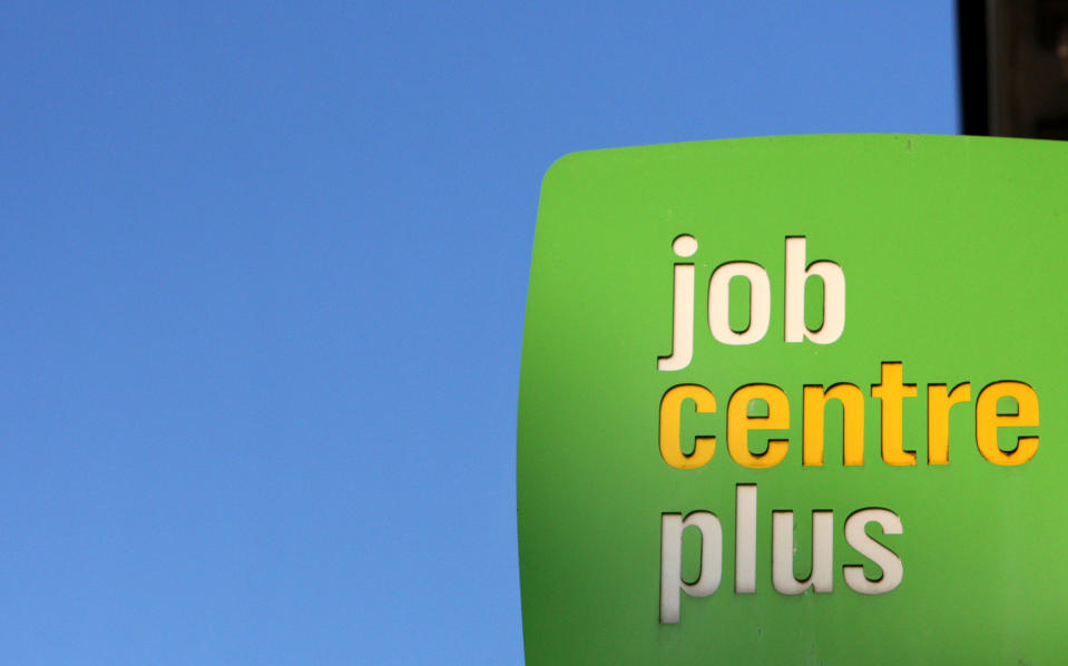 A general view of a sign outside a Jobcentre plus at Jarrow, England, Wednesday, Nov. 16, 2011.  (AP Photo/Scott Heppell)