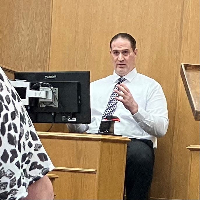 Defendant David Perrine testifies Tuesday in his defense during the final day of the murder trial in Licking County Common Pleas Court. He was sentenced to life without parole.