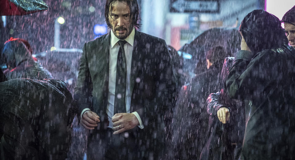 This image released by Lionsgate shows Keanu Reeves in a scene from “John Wick: Chapter 3 – Parabellum.” (Niko Tavernise/Lionsgate via AP)