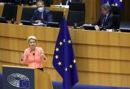 European Commission President Ursula von der Leyen addresses her first State of the European Union speech during a plenary session of the European Parliament, in Brussels