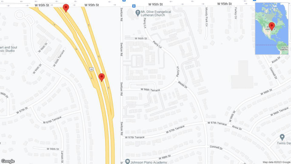 A detailed map that shows the affected road due to 'Broken down vehicle on northbound US-69 in Overland Park' on December 29th at 11:59 p.m.