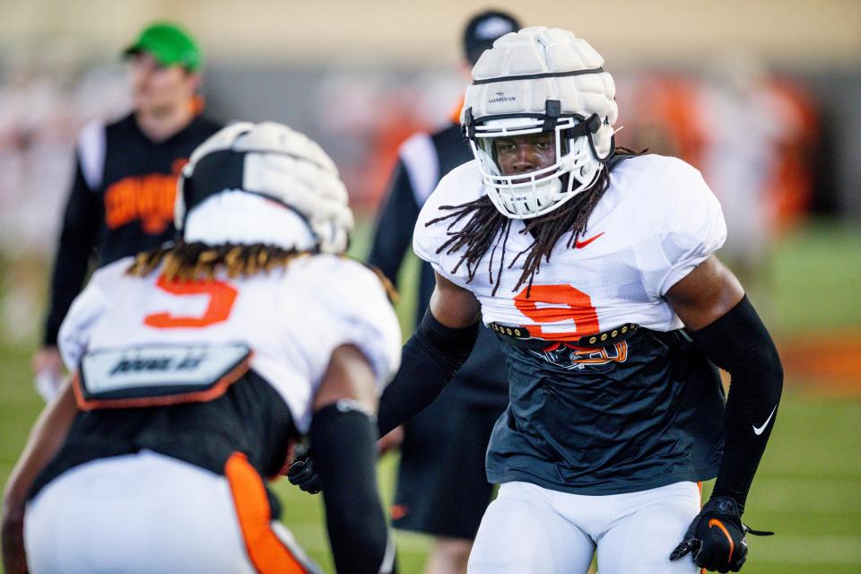 Oklahoma State’s Trey Rucker (9) runs drills during an OSU Spring football practice at Sherman E. Smith Training Center in Stillwater, Okla., Monday, April 10, 2023.