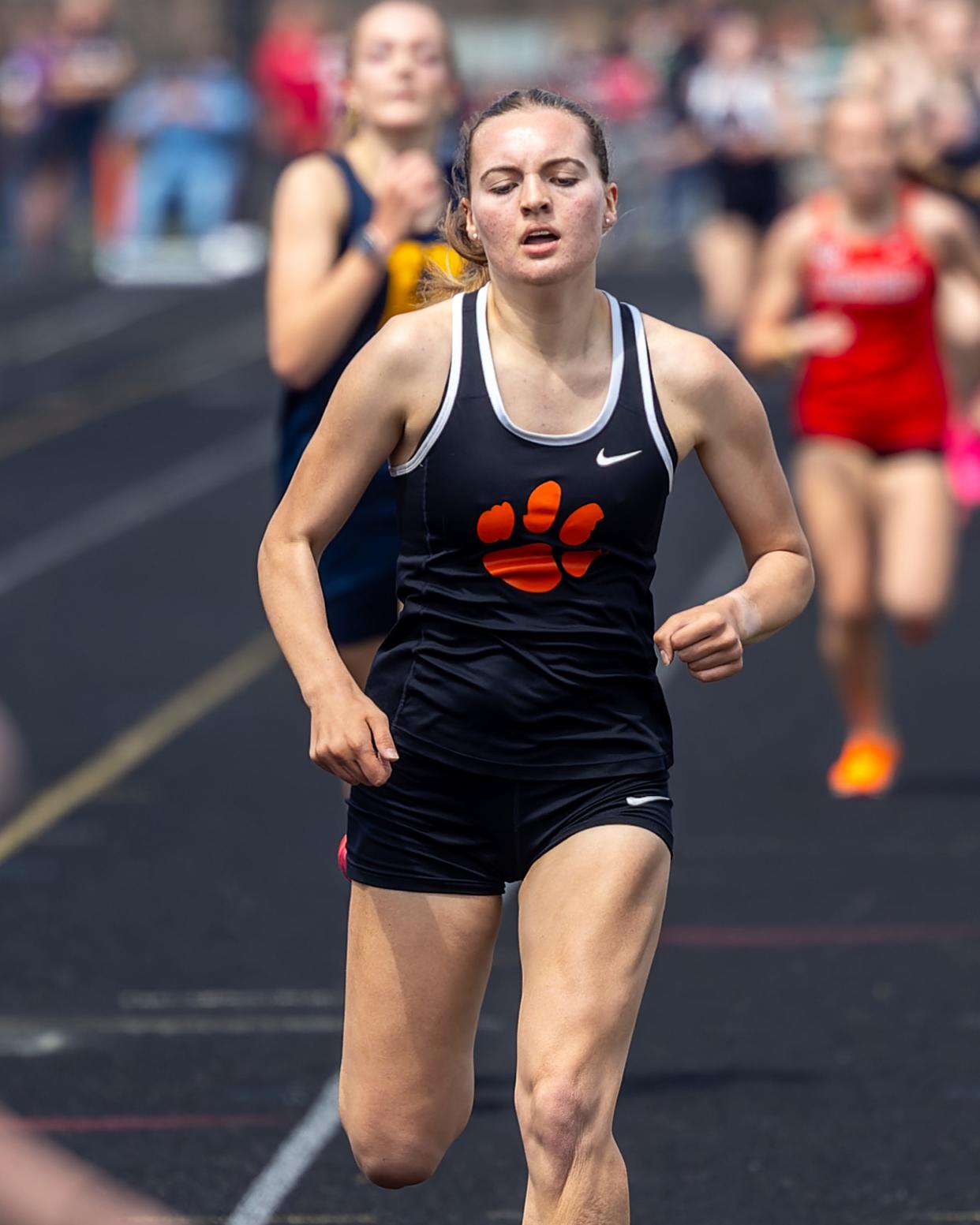 Nikki Carothers ran 10:57.98 in the 3,200-meter run at the Saline Golden Triangle meet, ranking her fourth in Brighton history for that event.