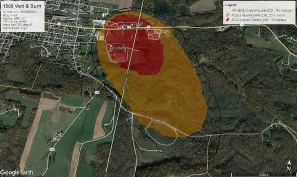 PHOTO: A map shows two areas that will be affected by a burn off of chemicals from a train derailment in East Palestine, Ohio. (Ohio Governor's Office)