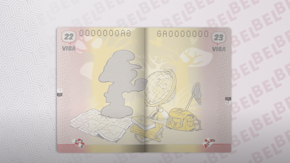 A page from the new Belgian passport featuring a smurf