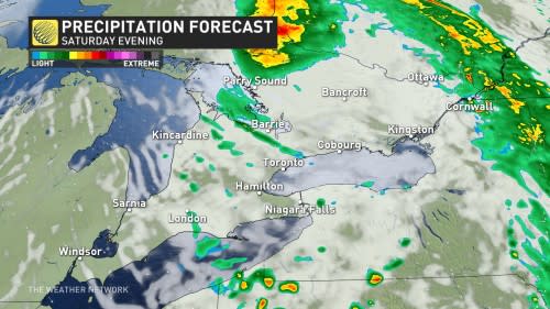 Ontario precipitation timing Saturday evening