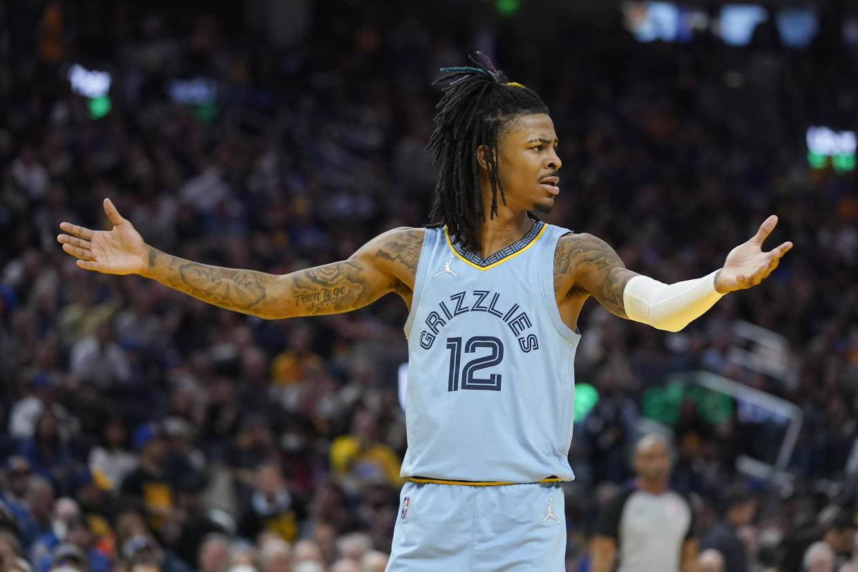 Memphis Grizzlies guard Ja Morant reacts to an official's call during Game 3 of the Western Conference semifinal series against the Golden State Warriors in San Francisco on May 7, 2022. (AP Photo/Jeff Chiu)