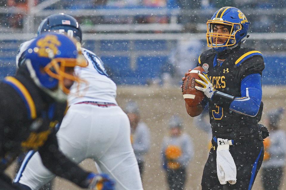 SDSU quarterback Taryn Christion (3) looks for an open receiver during playoff game against Villanova Saturday, Dec. 3, 2016, at Dana J. Dykhouse Stadium on the SDSU campus in Brookings, S.D. 
