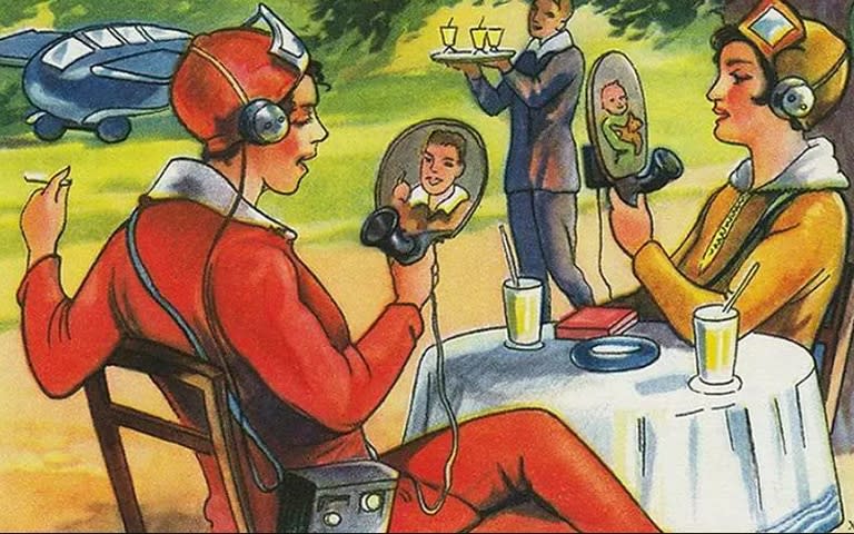 Esta ilustración de 1930 pertenece a la campaña de postales coleccionables Zukunftsfantasien (Fantasías Futuras) de la empresa alemana Wagner Margarine. Así imaginaban en las primeras décadas de la telefonía la telecomunicación con pantallas.