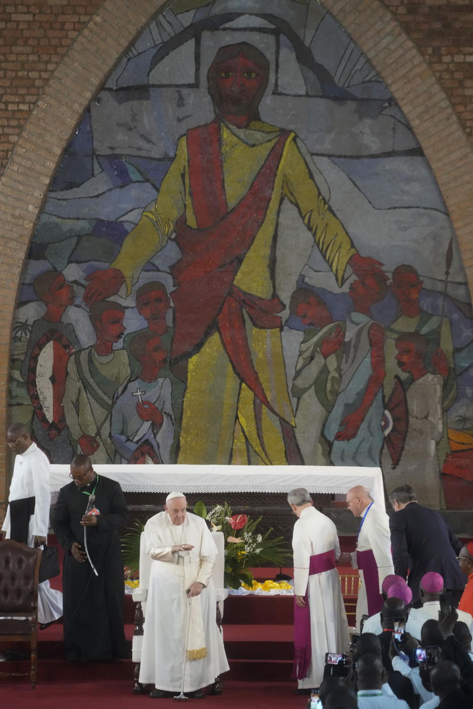 Pope Francis arrives for a meeting with priests, deacons, consecrated people and seminarians at the "Notre Dame du Congo" cathedral in Kinshasa, Democratic Republic of Congo, Thursday, Feb. 2, 2023. Francis is in Congo and South Sudan for a six-day trip, hoping to bring comfort and encouragement to two countries that have been riven by poverty, conflicts and what he calls a "colonialist mentality" that has exploited Africa for centuries. (AP Photo/Gregorio Borgia)