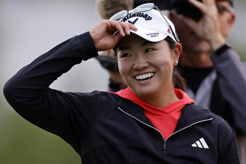 Rose Zhang reacts after winning the Mizuho Americas Open golf tournament on a second playoff hole, Sunday, June 4, 2023, in Jersey City, N.J. (AP Photo/Adam Hunger)