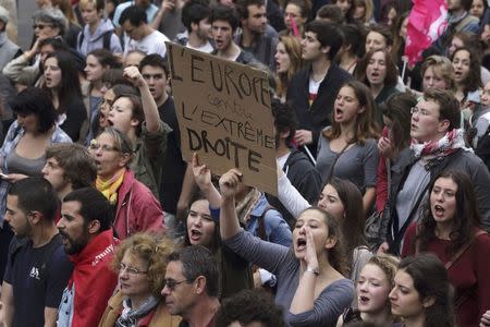 French students shout slogans while holding a hand-made sign, "Europe against the Far Right", as they participate in a demonstration to protest against the results by France's far-right National Front political party in the European election in Paris May 29, 2014. REUTERS/Philippe Wojazer