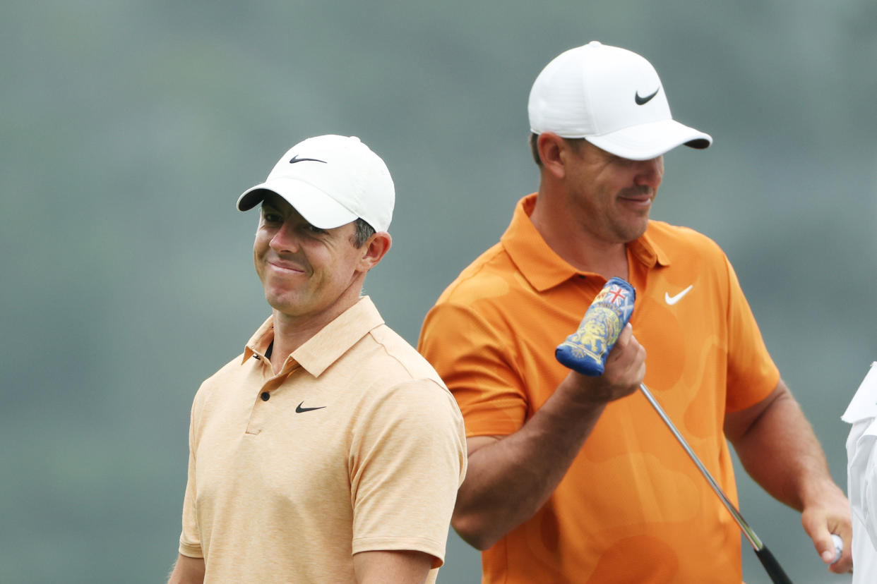 Rory McIlroy (left) and Brooks Koepka put their differences aside for a day and played a practice round prior to the 2023 Masters Tournament on April 04, 2023. (Patrick Smith/Getty Images)