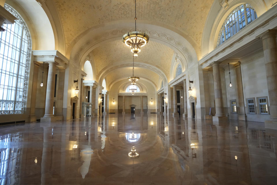 The interior of the Michigan Central Station is seen, Monday, May 13, 2024 in Detroit. A once hulking scavenger-ravaged monolith that symbolized Detroit's decline reopens this week after a massive six-year multimillion dollar renovation by Ford Motor Co., which restored the Michigan Central Station to its past grandeur with a focus squarely on the future of mobility. (AP Photo/Carlos Osorio)