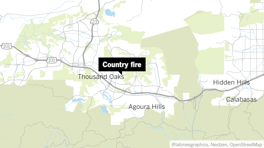 Map of eastern Ventura County with a label pointing to Country fire in Thousand Oaks