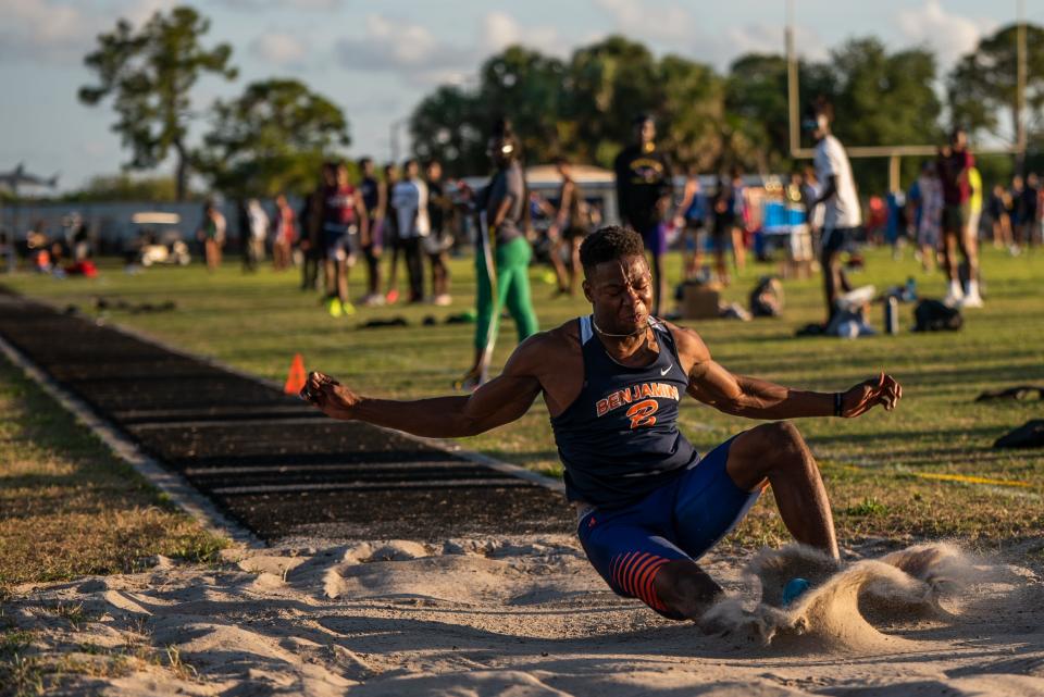 Micah Mays of the Benjamin School competes in the triple jump during the Palm Beach County Track and Field Championships at Spanish River High School on Thursday, April 6, 2023, in Boca Raton, Fla.