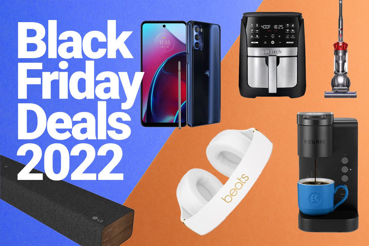 Orange and purple background with Black Friday Deals 2022 spelled out and a number of products on sale for Black Friday featured in collage fashion.